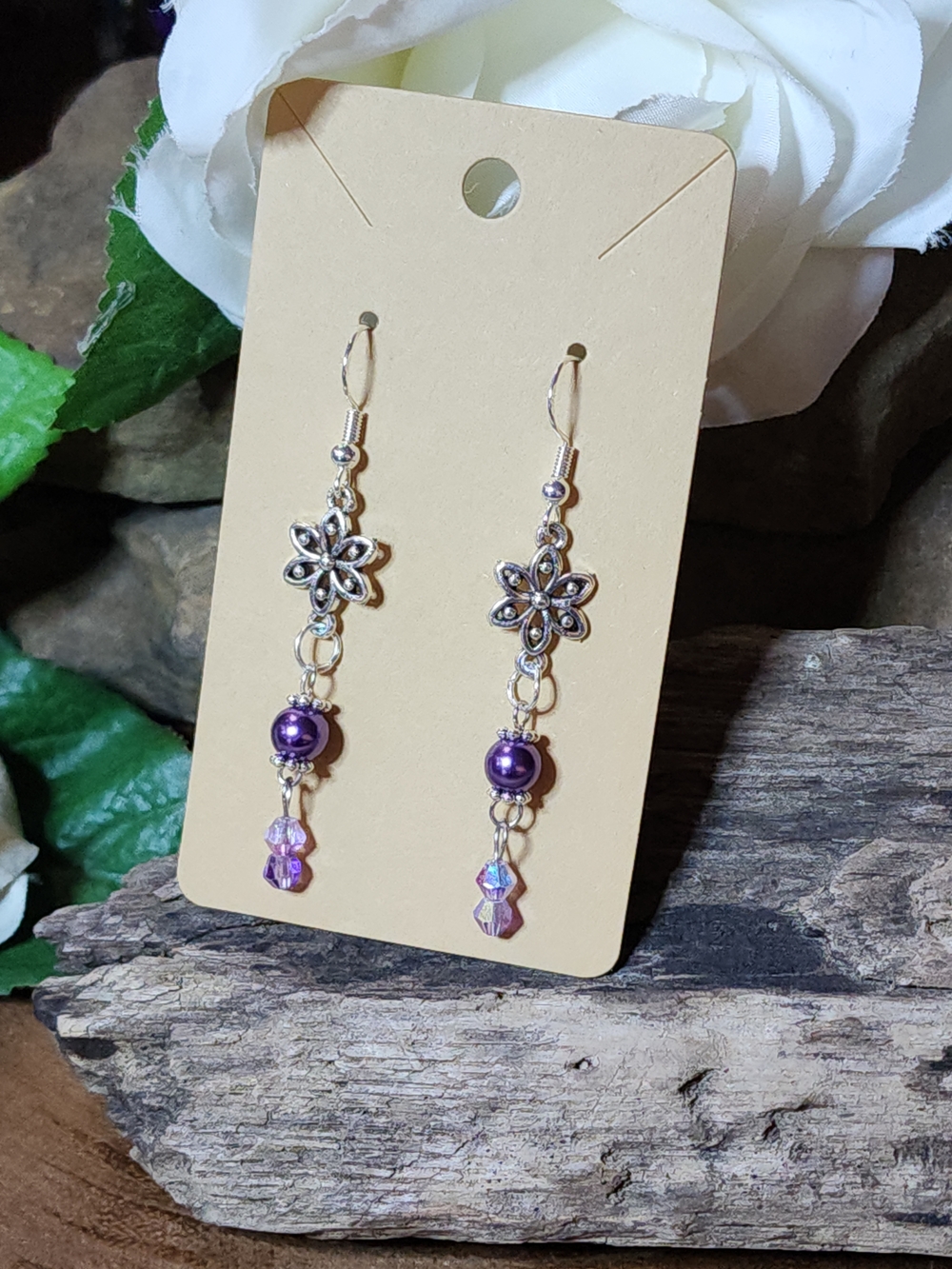 Flower Dangle Earrings with Faux Purple Pearls And Crystal Glass Beads